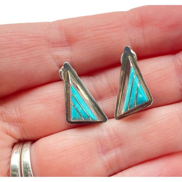 RWAJ Signed Sterling Silver 925 Turquoise Inlay Triangle Stud Earrings Vintage - Picture 1 of 8